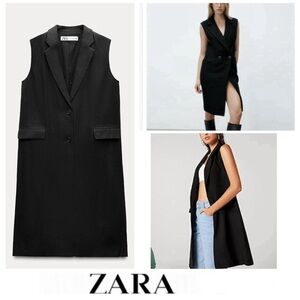 ZARA Black Long Tailored Side Pockets Buttoned Sleeveless Dress Vest Sz S NEW
